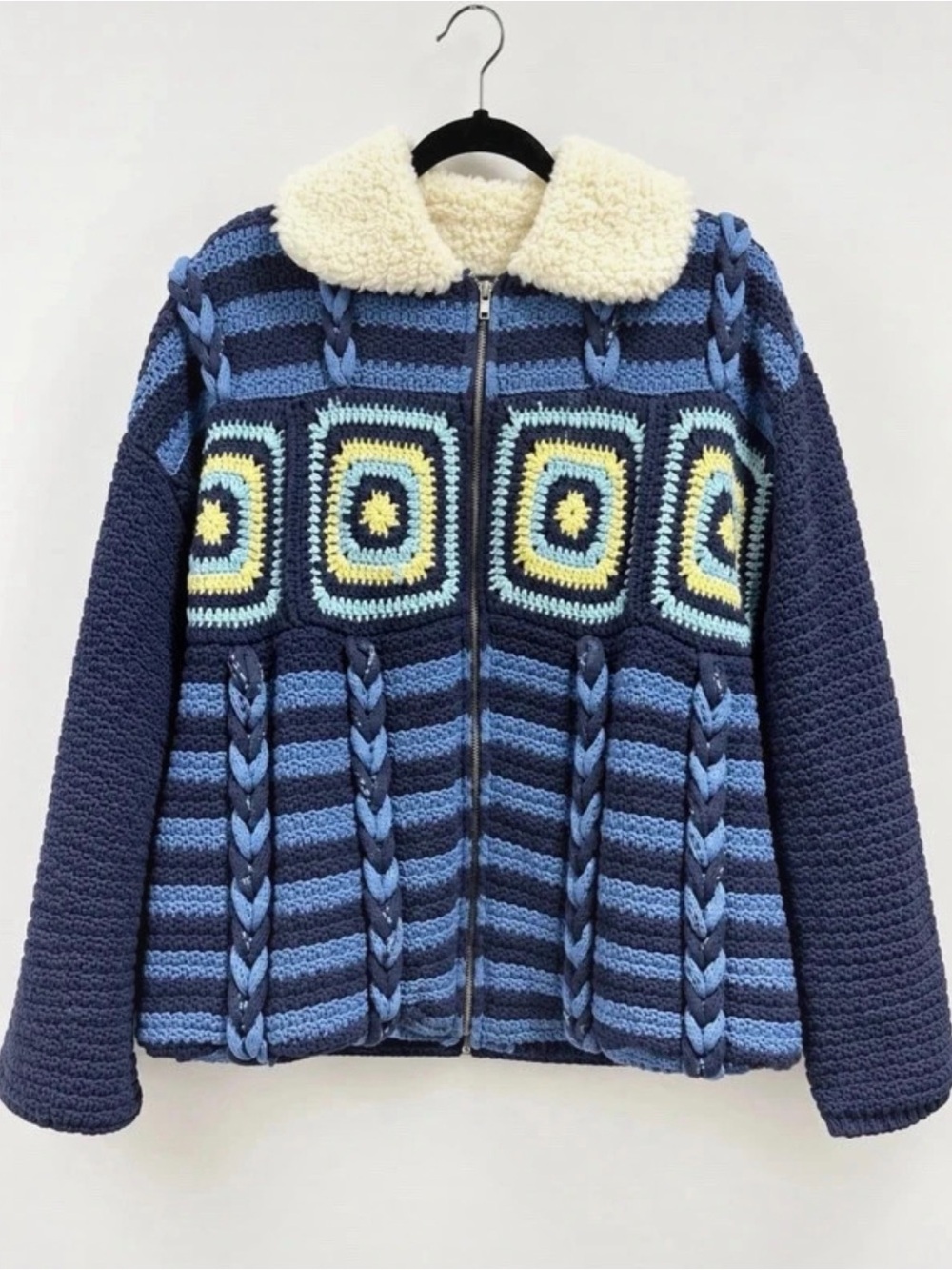 Free People Navy and Light Blue Crochet Zip Jacket with Cream Sherpa Collar